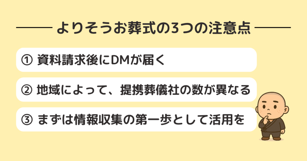 alt="よりそうお葬式の資料請求における3つの注意点を紹介した画像。DMが届くこと、地域によって提携社数が異なること、情報収集の第一歩として活用することが挙げられている。僧侶キャラクターが考えるような表情で添えられている。"
