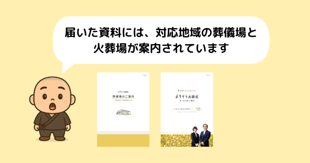 alt="よりそうお葬式の資料内容に、地域ごとの葬儀場と火葬場の案内が含まれていることを紹介する画像。資料請求のメリットを伝える僧侶のイラスト入り。"
