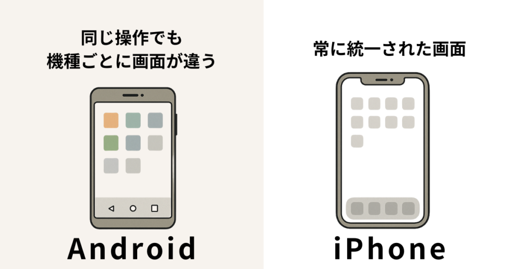 同じ操作でも画面が全然違うAndroid／常に統一された画面のiPhone比較図