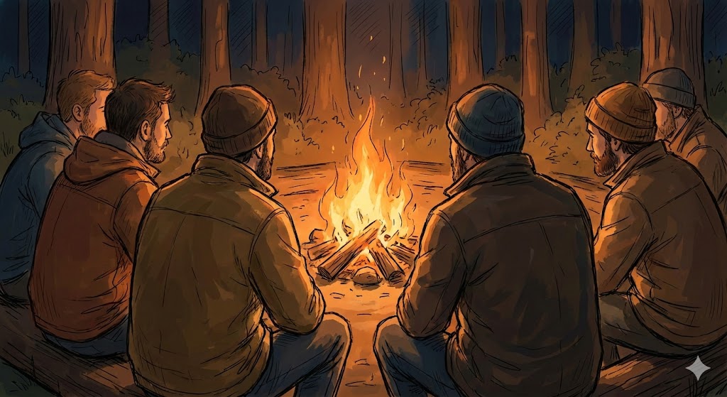 [画像：焚き火を囲んで、黙々と火を見つめる数人の男性たちの後ろ姿。言葉少なだが、信頼関係がある雰囲気が伝わるイラスト]